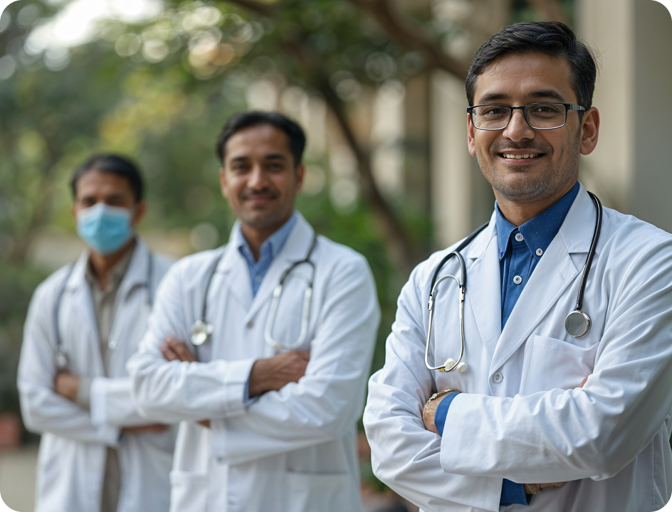 Faculty doctors group in hospital attire