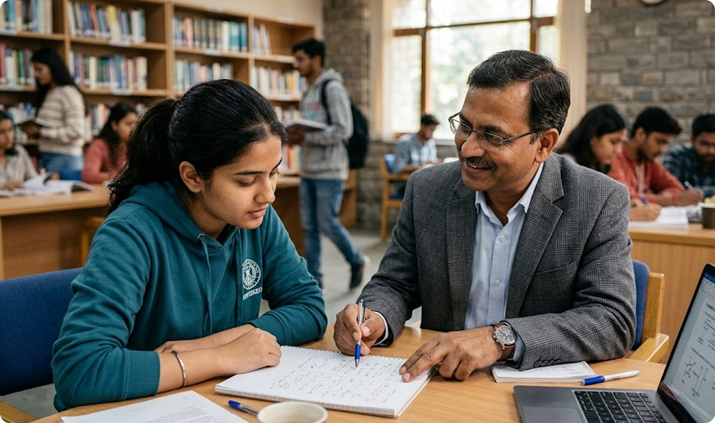 Mentor counseling a student over study papers in a library setup